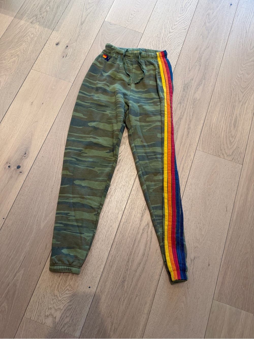 Aviator Nation Olive Camo Track Pants with Rainbow Side Stripes - Picture 4 of 7